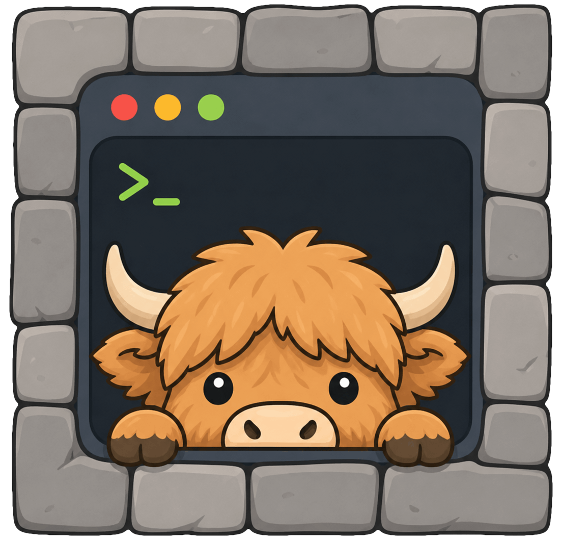 The byre logo: a highland cow peeking out of a boxed terminal